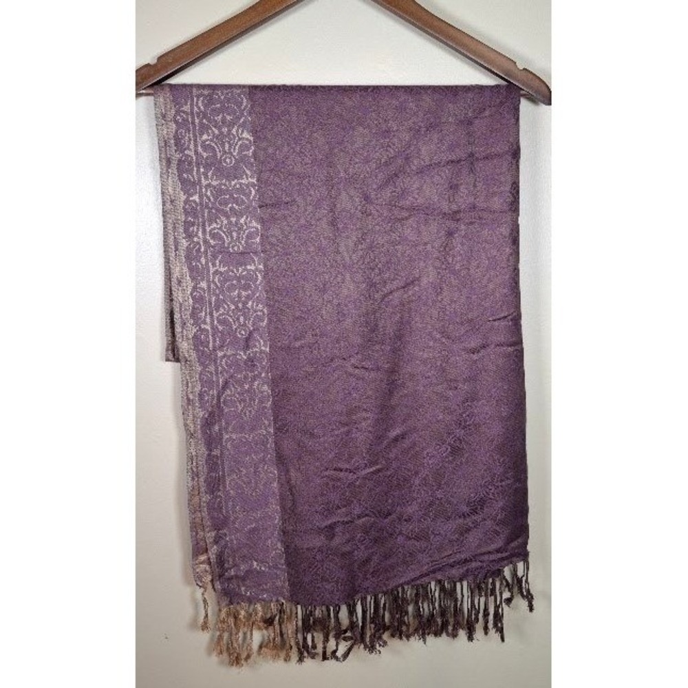 Pashmina 100% Pashmina Scarf Purple Gold Paisley Jacquard Fringe Wrap Shawl